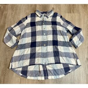 Soft Surroundings Womens Plaid Shirt Tunic Navy Blue White Hi Low Linen